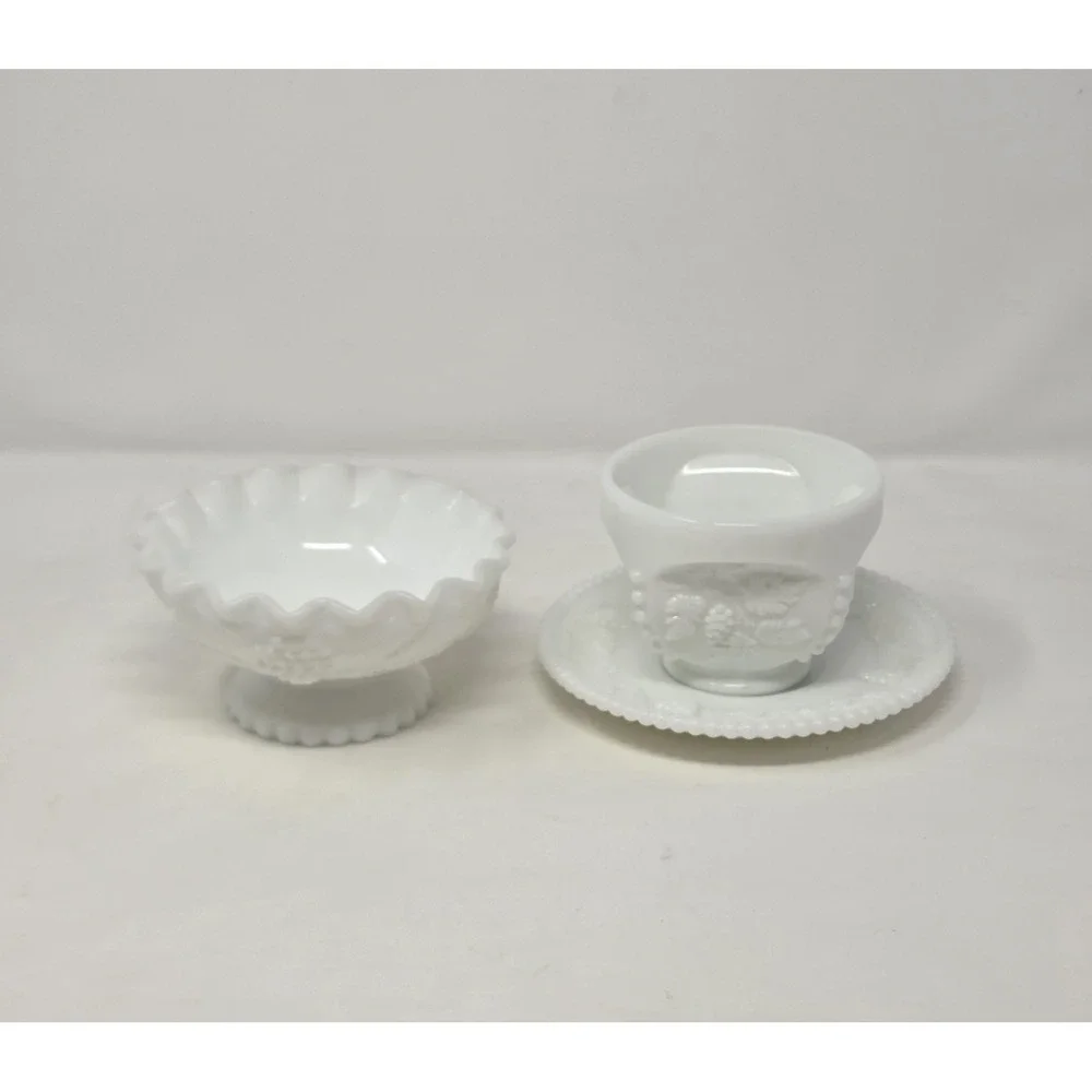 Vintage Westmoreland Paneled Grape Milk Glass 3pc Compote Bowl Saucer Lot